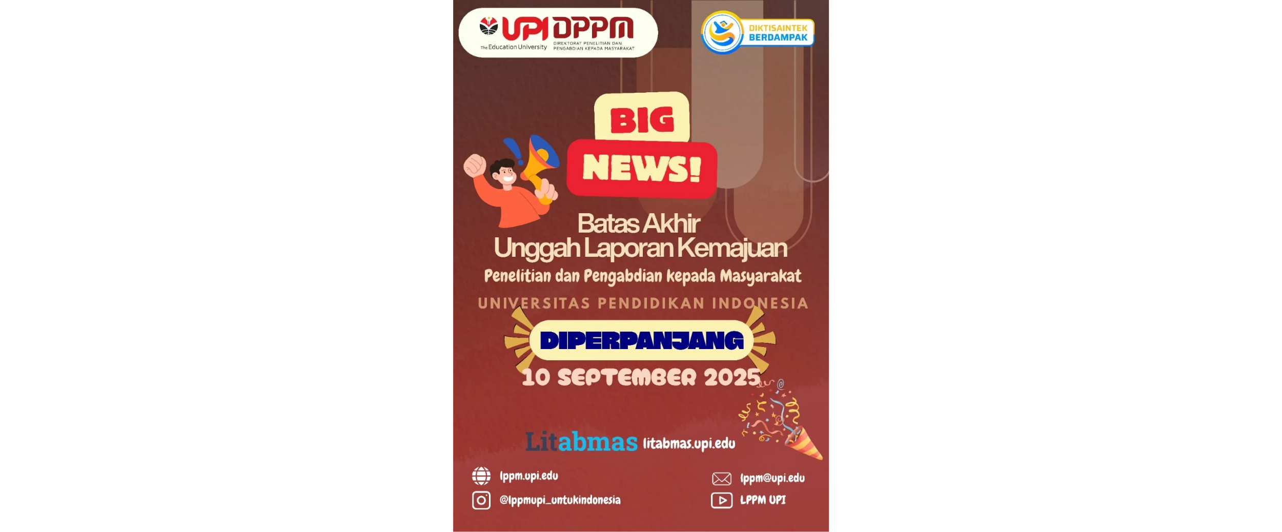 Perpanjangan Waktu Batas Akhir Unggah Laporan Kemajuan Penelitian dan PkM