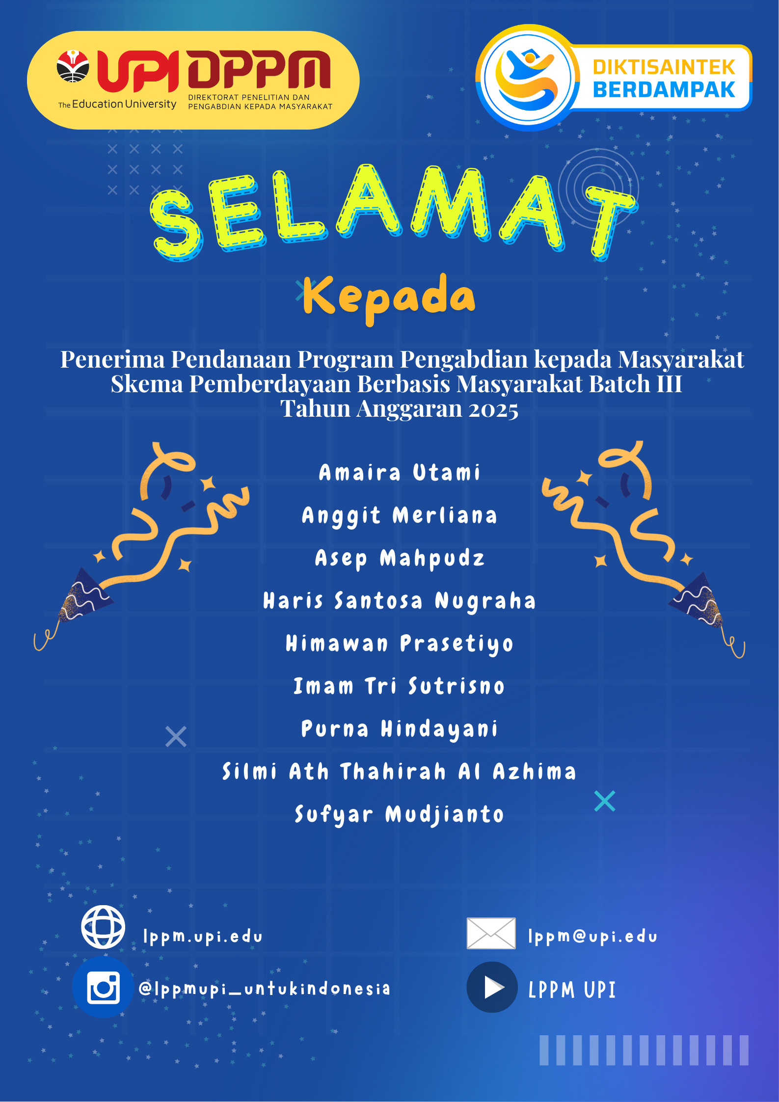 Pengumuman Penerima Pendanaan Program Pengabdian kepada Masyarakat  Skema Pemberdayaan Berbasis Masyarakat Batch III Tahun Anggaran 2025 